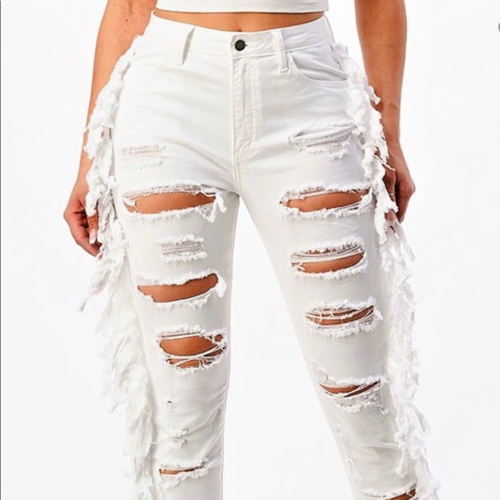 High waist white fringe jeans